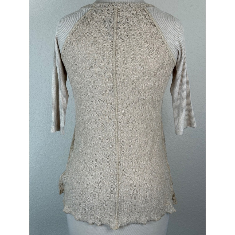 We The Free Lace Inset Open Knit Top XS Sheer Panel Boho Raw Hem Tunic - Picture 6 of 10